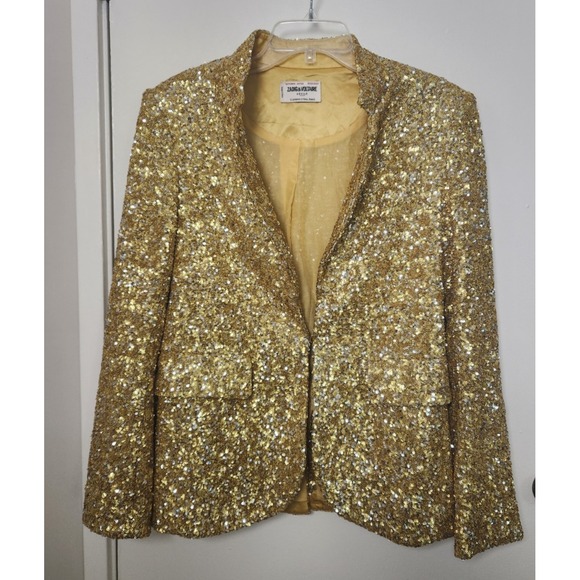 Zadig & Voltaire Very Sequins Blazer Yellow Gold‎ NWOT Silk Cotton Lining Medium - Picture 4 of 16